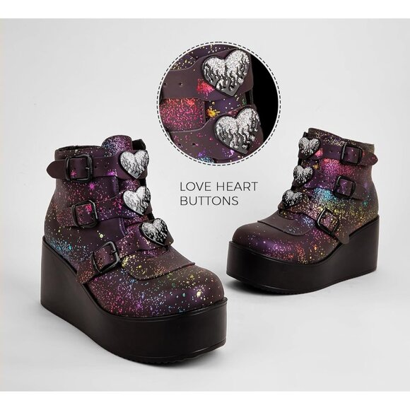 Lucky Step Women Navy Reflect Round Toe Zipper Wedges High Heel Rave Buckle Boot - Picture 3 of 9